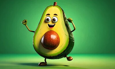 Sticker - Cute Cartoon Avocado Food Character Dancing on a Green background