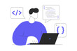 © roxime - Video game developer web concept. Working with code for computer game, programming at screen and testing. Flat Cartoon Vector Illustration, icon. Stylish abstract