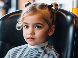 Young girl sits confidently in a salon chair, preparing for a fresh haircut during the afternoon