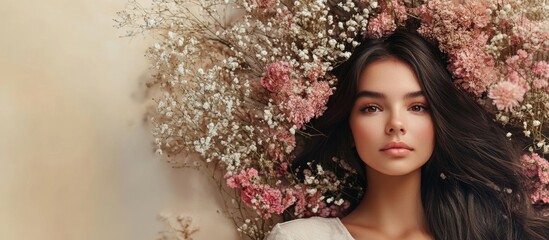 Wall Mural - Portrait of young woman with flowing dark hair surrounded by soft pastel colored dried flowers and foliage, close-up shot with natural light.