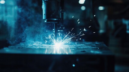 Electric arc welding process in a factory setting, with bright sparks flying from steel workpieces, highlighting the manual labor involved in metal fabrication, industrial workshop, manufacturing serv