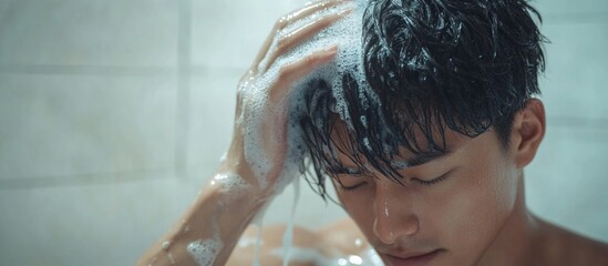 Close-up of an Asian man washing his hair with shampoo in a modern bathroom, water cascading down, emphasizing freshness and personal care, hygiene, grooming, self-care routine.