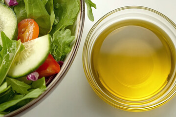 Fresh mixed greens salad with olive oil in bowl, showcasing vibrant vegetables and healthy ingredients. Perfect for nutritious meal or side dish