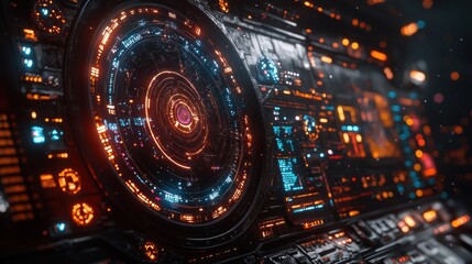 Futuristic cockpit dashboard with glowing holographic displays and intricate control panels.