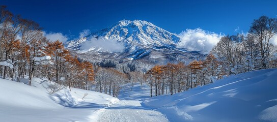 Wall Mural - Snowy mountain path through winter trees.