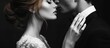 © The 2R Artificiality - Intimate portrait of a red-haired bride in a delicate lace dress gently kissing her groom with a dark background highlighting their connection and elegance.