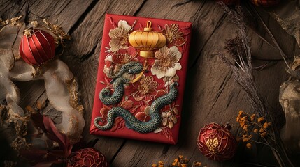 Wall Mural - beautifully crafted red envelope with embroidered snakes and lanterns, perfect for Chinese New Year 2025 blessings.