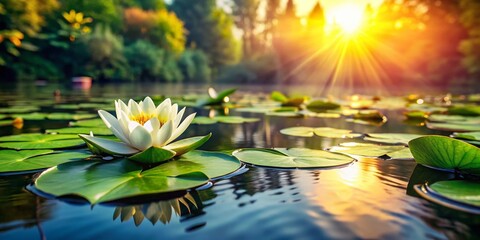 Wall Mural - Serene Water Lily Pond: Floating Leaves & Copy Space