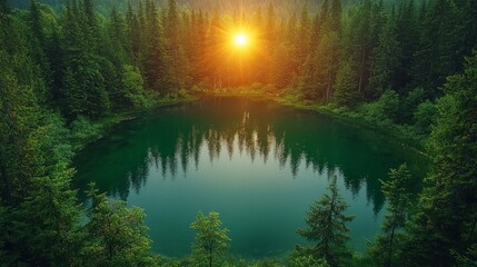 Wall Mural - Sunrise over a serene, circular mountain lake surrounded by lush evergreen forest.