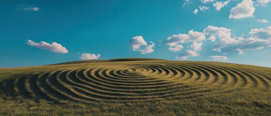 Swirling patterns on spiral hill under a bright blue sky with fluffy clouds