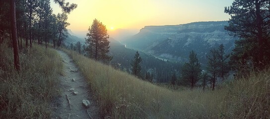 Wall Mural - Sunset over a mountain valley trail.