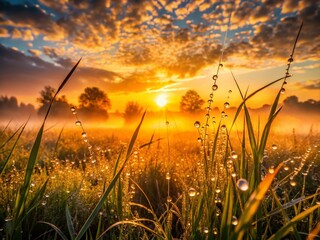 Wall Mural - Silhouetted Trees in Misty Sunrise Field with Dew Drops
