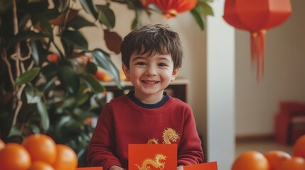 Wall Mural - red envelopes with golden dragon patterns, surrounded by oranges and red paper decorations for Chinese New Year.