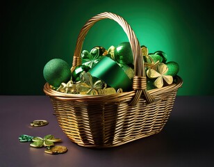 Wall Mural - A decorative basket overflowing with green ornaments and shamrocks, perfect for St Patrick's Day.