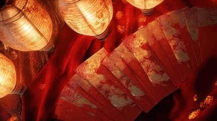 Wall Mural - red envelopes with a golden dragon print, fanned out against a background of glowing lanterns and red fabric.