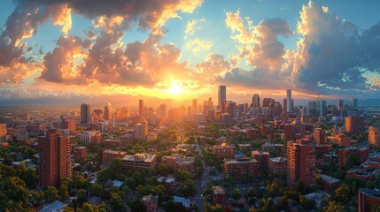 Wall Mural - Vibrant sunset over a sprawling city skyline with colorful clouds and buildings.