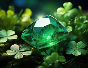 Sparkling emerald rests amidst vibrant shamrocks, capturing the essence of St.