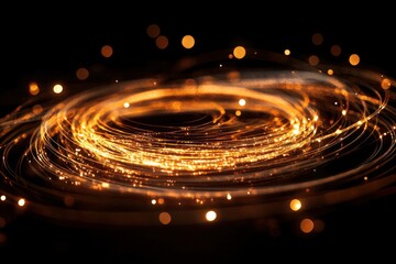 Wall Mural - captivating golden light circles: sparkling swirls of glittering particles against a dark backdrop f