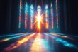 © Parkpoom - A cosmic cathedral where God's form appears as pure energy, casting multicolored light across massive stained-glass windows,copy space background