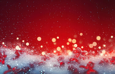 Wall Mural - Soft lights and snow on christmas red background