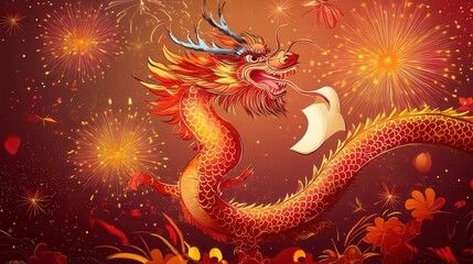 Wall Mural - Chinese New Year postcard with a dragon bursting through firework displays, holding a scroll of blessings in its claws.