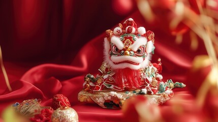 Wall Mural - Chinese toy lion dance with detailed embroidery, placed on a red cloth and accompanied by traditional decorations