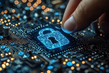 a close-up photograph of a hand interfacing with a digital lock icon, showcasing security and techno