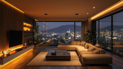 Wall Mural - Cozy living room with night city view.