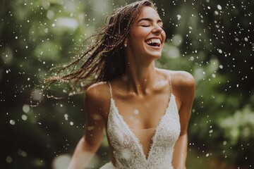 Wall Mural - Slim beautiful bride in a two-piece wedding outfit, laughing as she runs through the rain, soft raindrops sparkling around her, playful and carefree outdoor moment