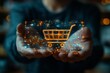 © Georgy - Hand interacting with digital shopping cart icons in a futuristic style with glowing elements on a blurred background, representing the concept of online shopping