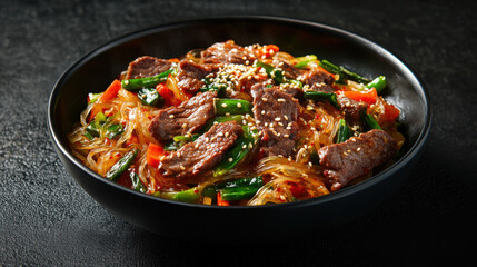 Delicious Beef Japchae in Black Bowl 