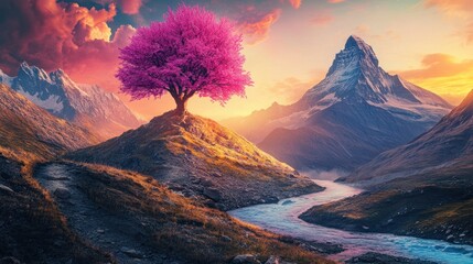 Wall Mural - Pink Tree Paradise: A Serene Mountain Landscape