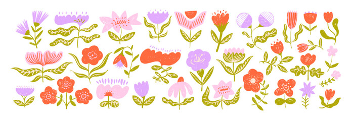 Colorful childish crayon drawn doodle flowers collection. Pencil drawn graphic cute flowers icons. Happy Easter. folk style botanical elements. Freehand cute kid scribbles, funny children art style.