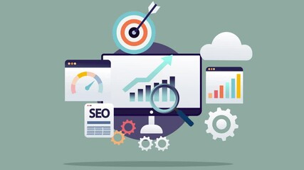 SEO Optimization and Data Analytics for better Search Engine, online business growth and website ranking. Flat design animation with copy space