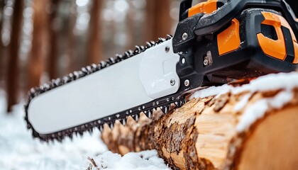 A close-up of a chainsaw resting on a log in a snowy forest, showcasing its sharp blade and vibrant orange accents.