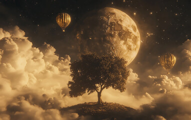 Wall Mural - a balloon is flying in the sky, a tree is standing on the earth and behind it is an oversized moon w