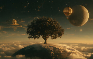 Wall Mural - a balloon is flying in the sky, a tree is standing on the earth and behind it is an oversized moon w
