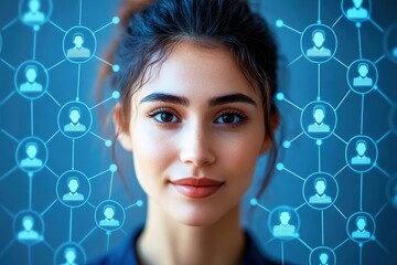 Wall Mural - close-up portrait of a young woman with digital social network connections and user icons representi