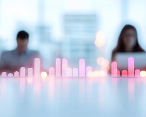 Poster - Abstract Stock Market Analysis with Silhouetted Figures and Glowing Charts in Pastel Tones