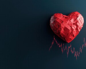 A heartshaped trading algorithm interface on a futuristic finance screen, Valentines tech romance, market innovation, symbolic design