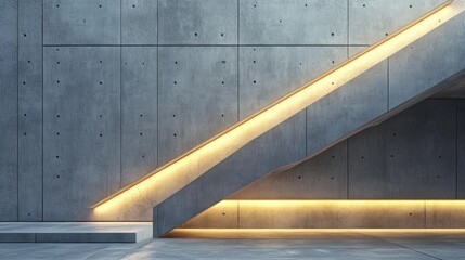Illuminated concrete staircase against a textured wall.