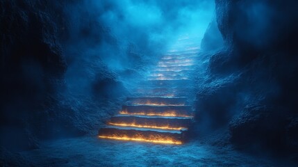 Wall Mural - A staircase is lit up in the dark with a blue sky in the background