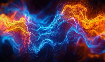 Wall Mural - Abstract blue and orange energy waves on a dark background for digital art and design.