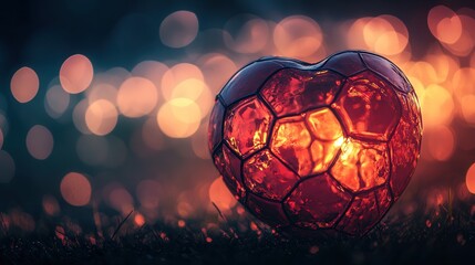 romantic soccer ball with heart-shaped pattern and soft bokeh background