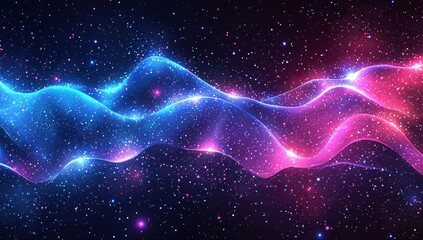 Particles of light blue and light red oscillate in an abstract setting decorated with twinkling dots and stars