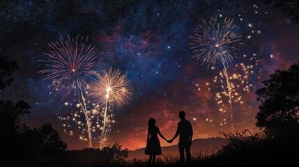 Wall Mural - Romantic Couple Holding Hands Under Vibrant Fireworks Display