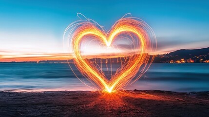 Wall Mural - abstract heart shaped firework evocation at twilight by the ocean