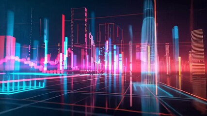 Aufkleber - Futuristic cityscape with neon lights and digital architecture, showcasing vibrant colors and abstract geometric patterns, evokes sense of technology and innovation in stunning digital landscape.