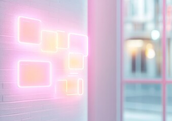 Leinwandbilder - Holographic Workspace with Neon Chat Icons and Pastel Productivity Tools in Calm Digital Interface