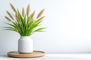 Sticker - modern vase with decorative grass and reeds sits on wooden tray against minimalist background, adding touch of nature to interior decor